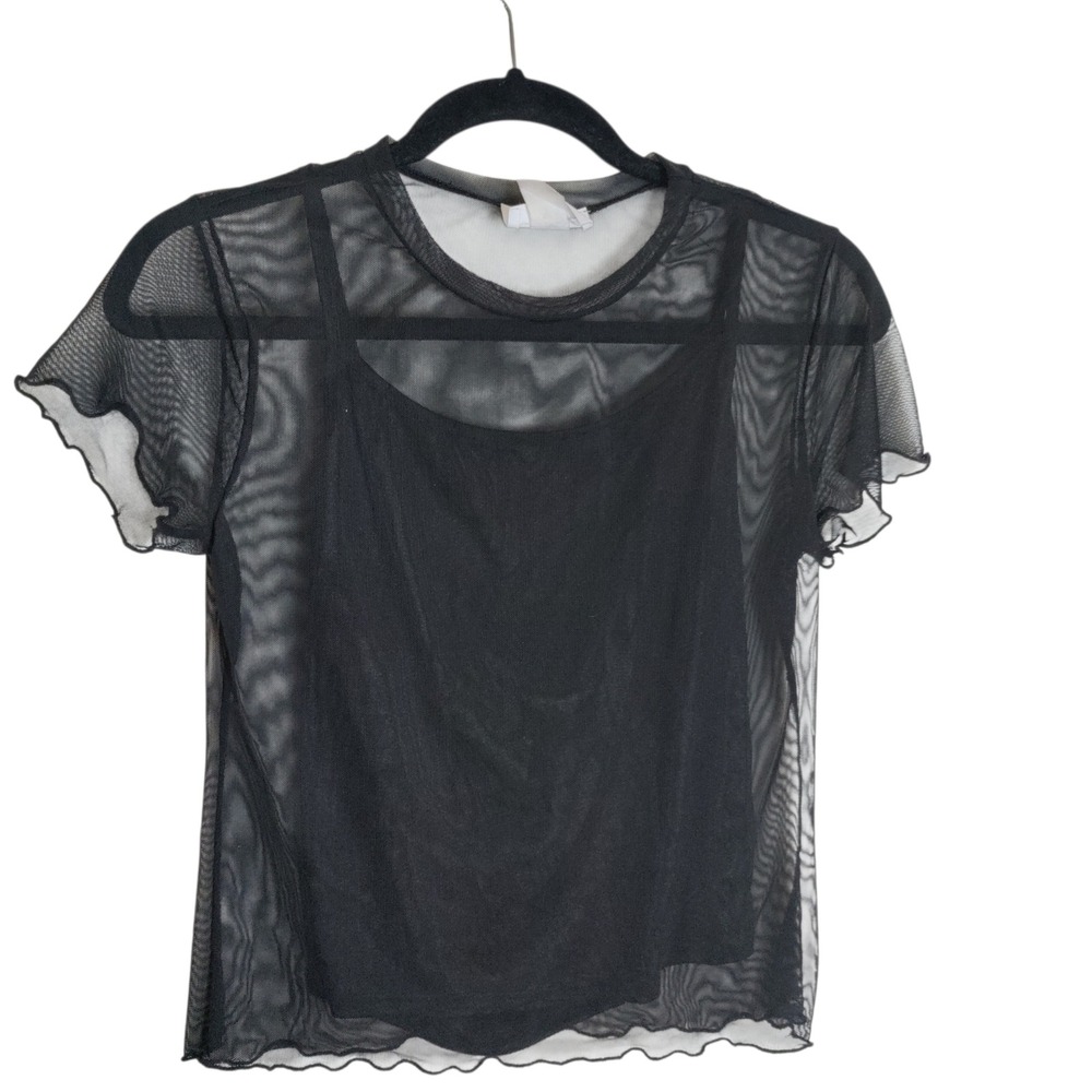 Starlet Black Sheer Mesh Top with Camisole Lettuce Edge Short Sleeve size M